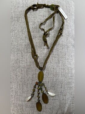 Laila Rowe Olive Green Suede and Beaded Pendant Lariat Necklace